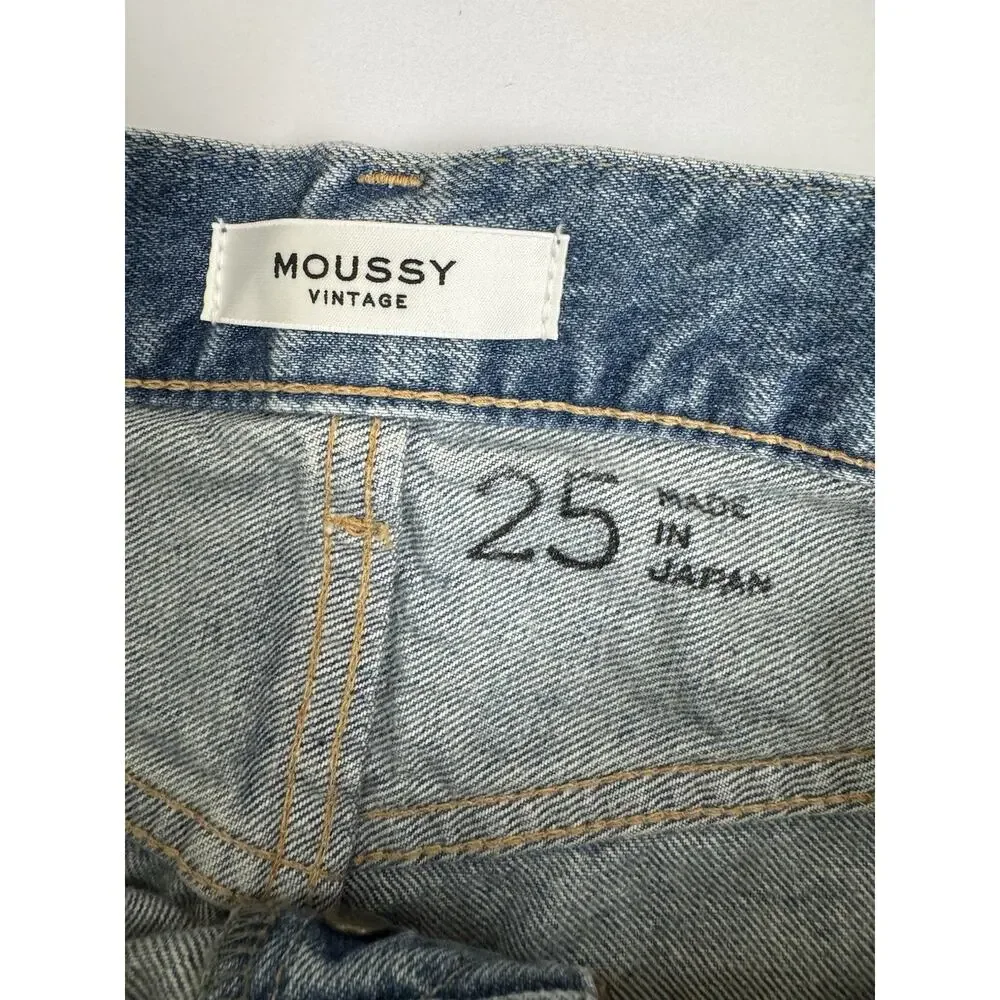 Moussy Vintage Graterford Long Denim Shorts Womens 25 Blue Button Fly Distressed